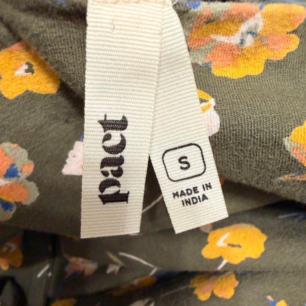 Pact Organic Cotton Fit and Flare Dress Olive Green Floral Tie Back Small - Picture 8 of 11